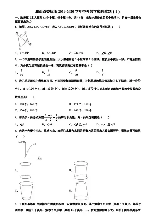 湖南省娄底市2019-2020学年中考数学模拟试题(1)含解析