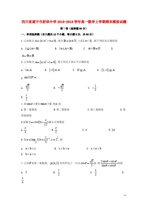 四川省遂宁市射洪中学2018_2019学年高一数学上学期期末模拟试题201912030342