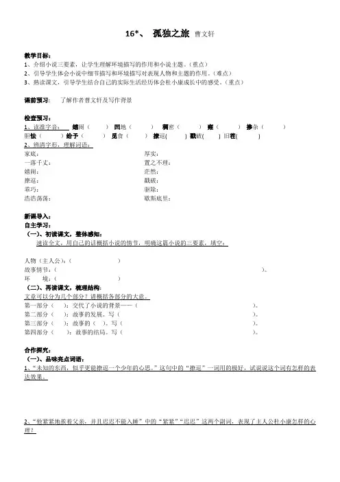 初中语文人教九年级上册16《孤独之旅》导学案