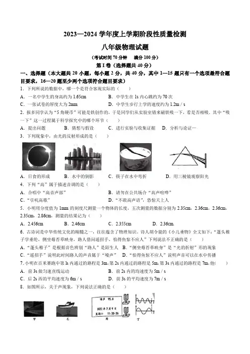 山东省临沂市郯城县2023-2024学年八年级上学期期中考试物理试题(含答案)