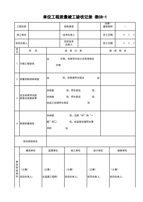表C8-1 单位工程质量竣工验收记录