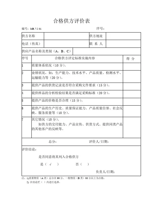 合格供方评价表