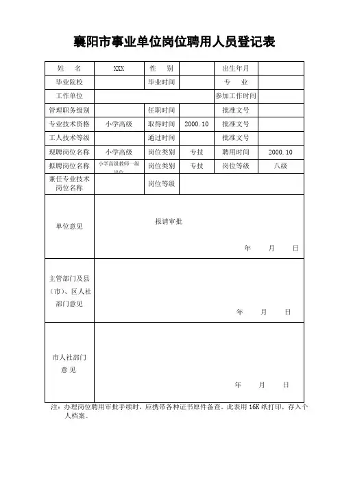 襄阳市事业单位岗位聘用人员登记表