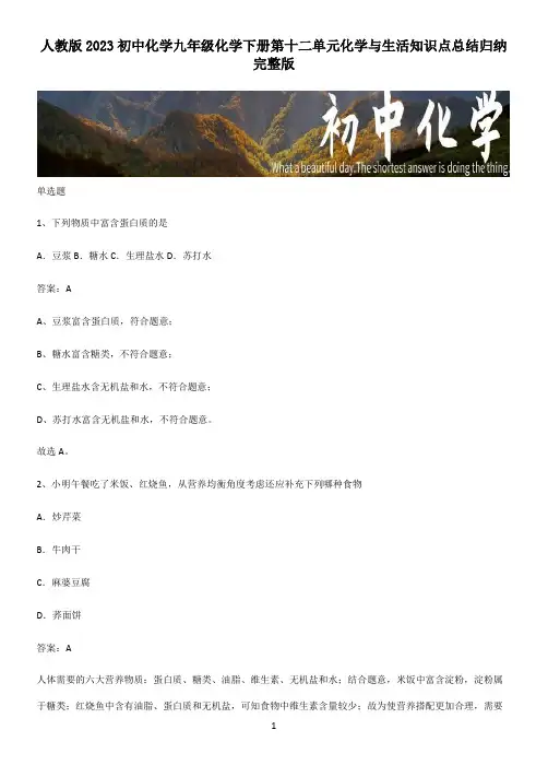 人教版2023初中化学九年级化学下册第十二单元化学与生活知识点总结归纳完整版