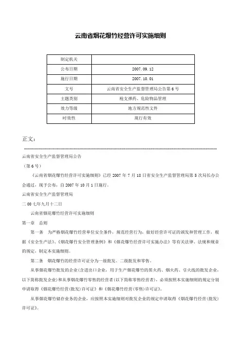 云南省烟花爆竹经营许可实施细则-云南省安全生产监督管理局公告第6号