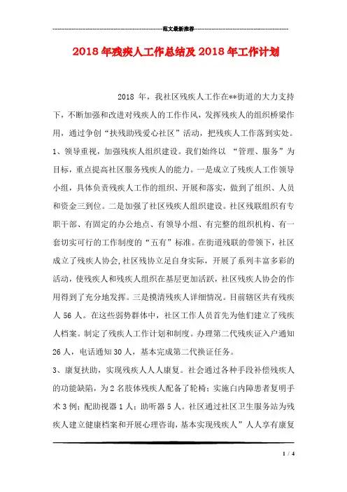2018年残疾人工作总结及2018年工作计划