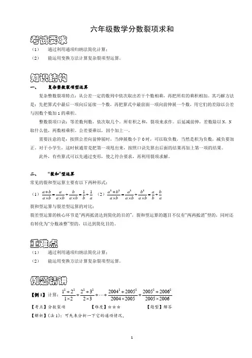 六年级数学分数裂项求和