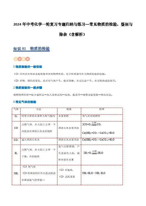 2024年中考化学一轮复习专题归纳与练习—常见物质的检验、鉴别与除杂(含解析)