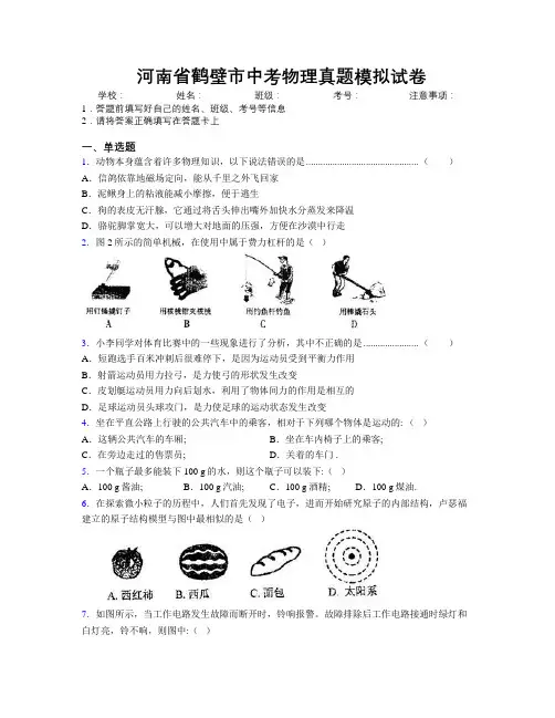 最新河南省鹤壁市中考物理真题模拟试卷附解析