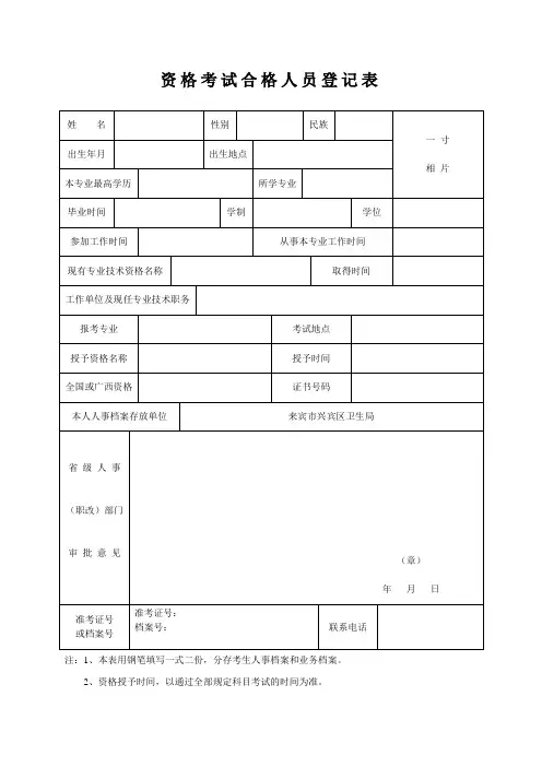 卫生系统职称考试合格资格登记表