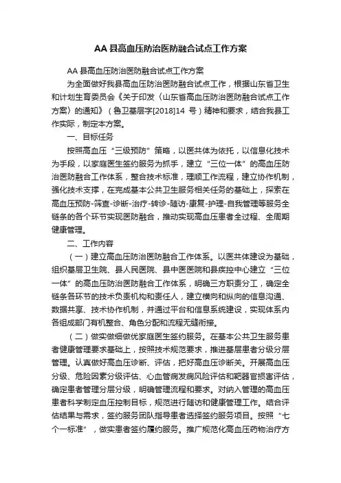 AA县高血压防治医防融合试点工作方案
