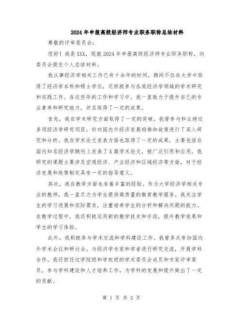 2024年申报高级经济师专业职务职称总结材料