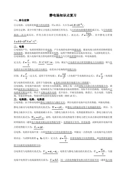 静电场知识复习及基础练习