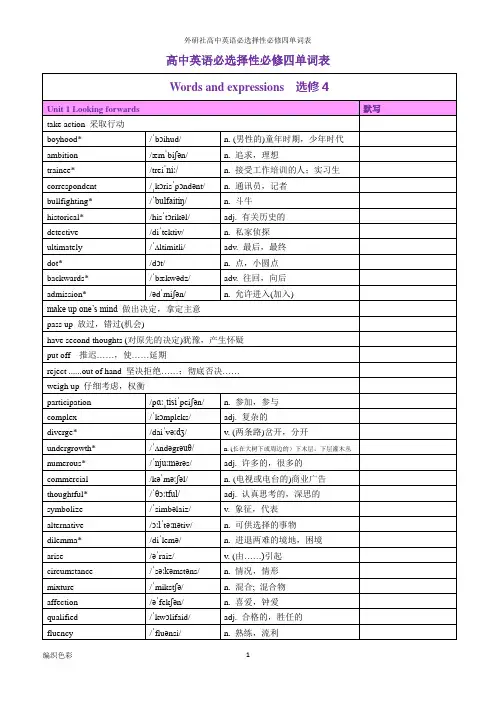 外研社高中英语必选择性必修四单词表