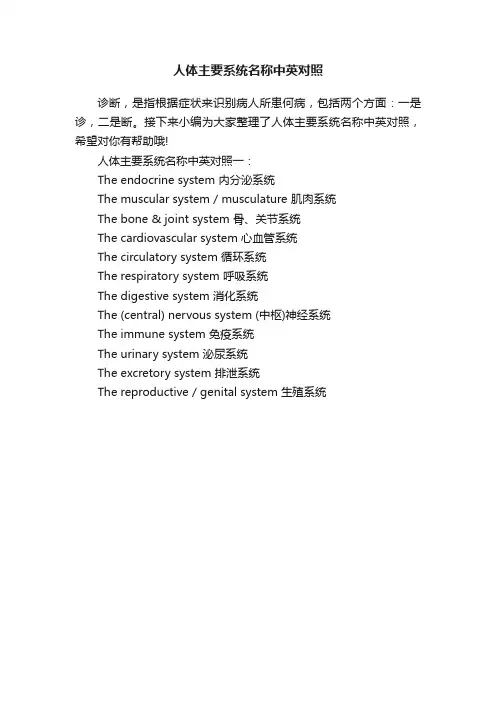 人体主要系统名称中英对照