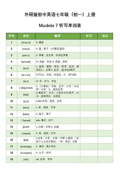 外研版初中英语七年级(初一)上册Mudole 7听写单词表