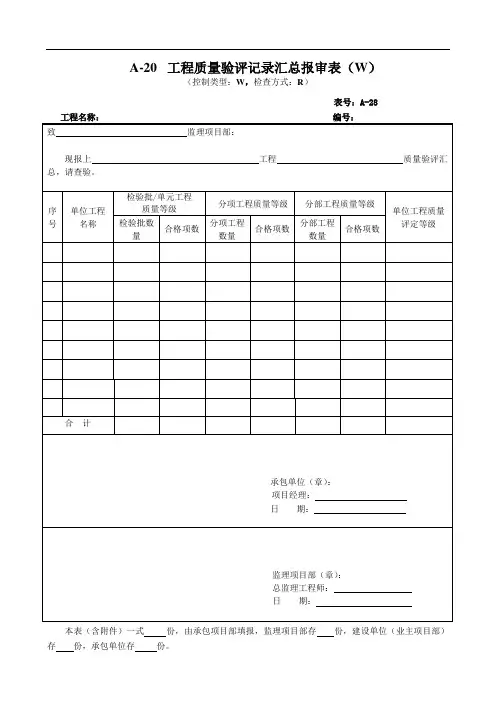 工程质量验评记录汇总报审表