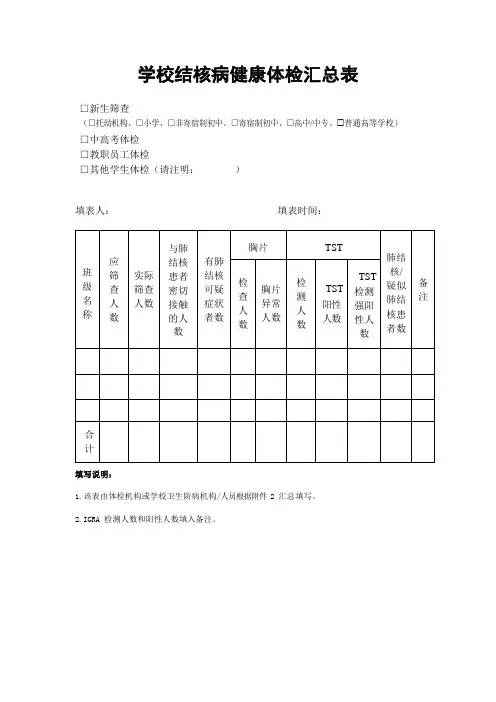 学校结核病健康体检汇总表