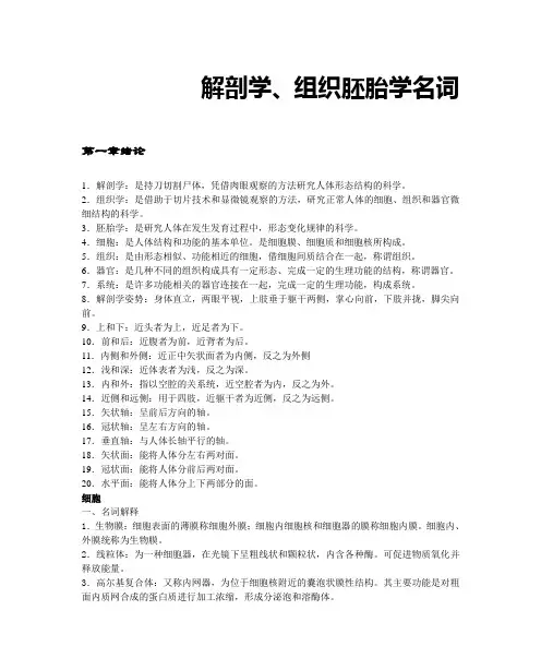 解剖学、组织胚胎学名词参考答案