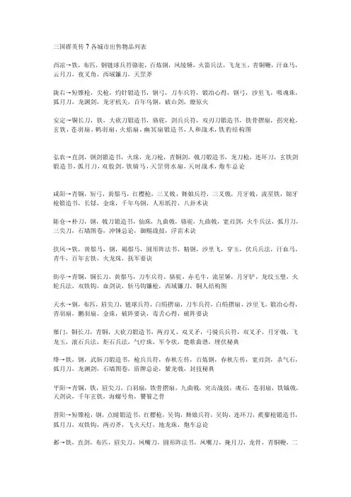 三国群英传7各城市出售物品列表[大成]