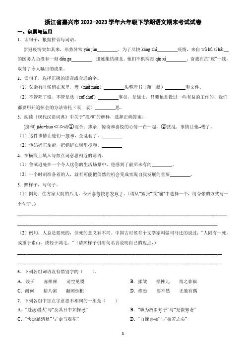 浙江省嘉兴市2022-2023学年六年级下学期语文期末考试试卷(含答案)3
