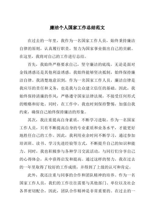 廉洁个人国家工作总结范文
