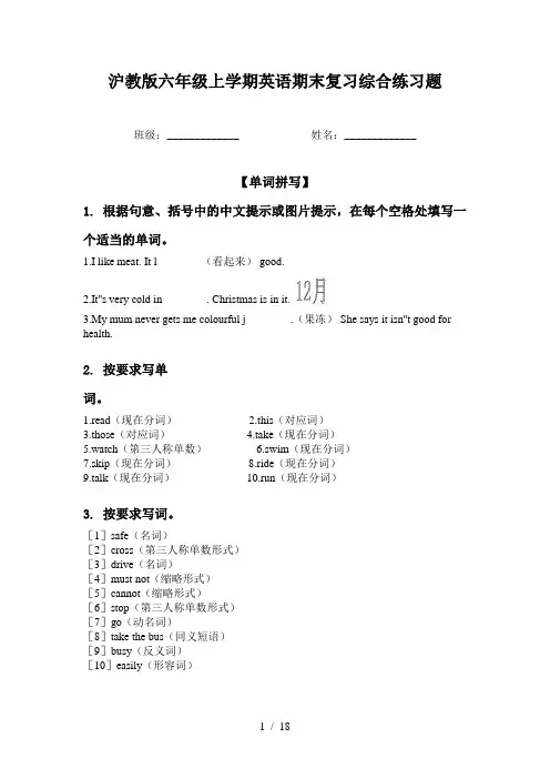 沪教版六年级上学期英语期末复习综合练习题