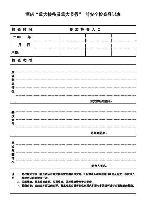 酒店节前安全检查登记表