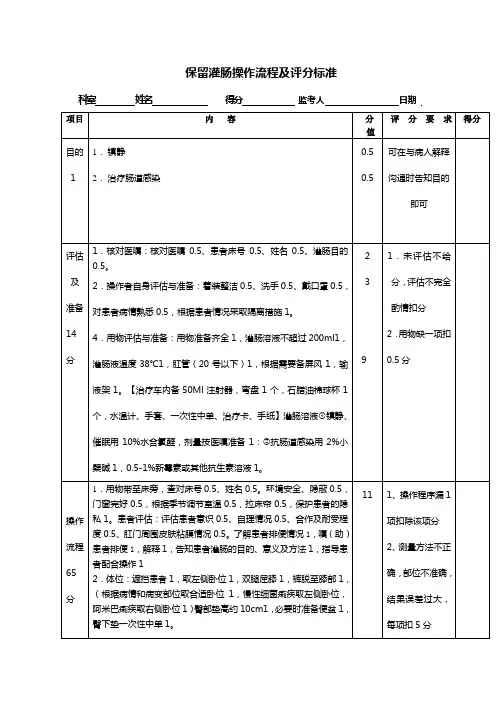 标准版保留灌肠操作流程及评分标准