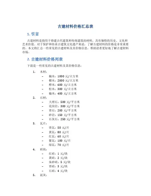 古建材料价格汇总表