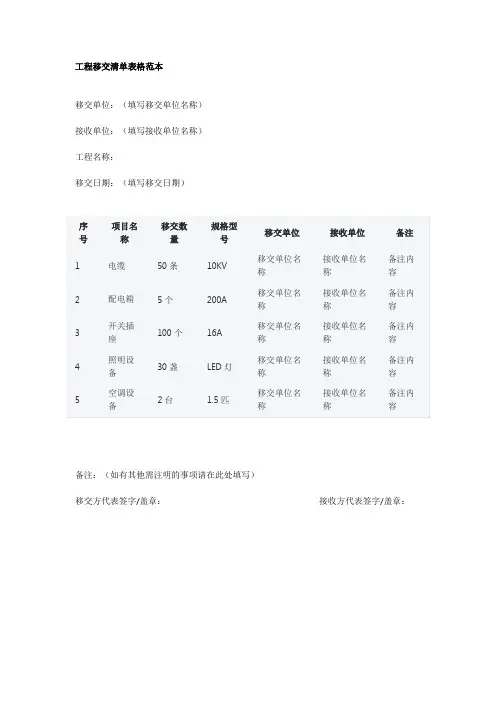 工程移交清单表格范本