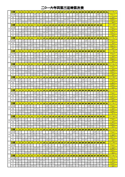 2016年四班三运转班次表