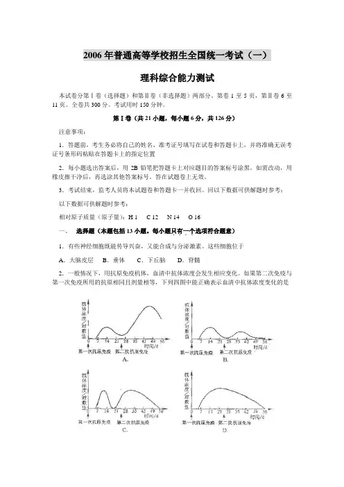 2006年福建省(理综)高考试卷及答案