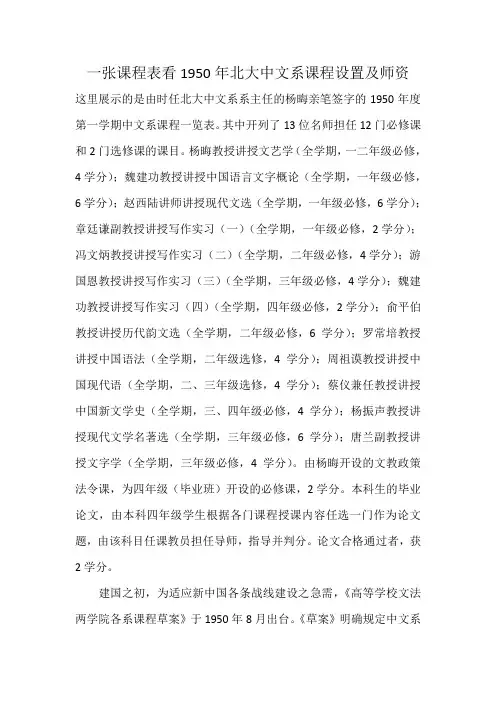 一张课程表看1950年北大中文系课程设置及师资