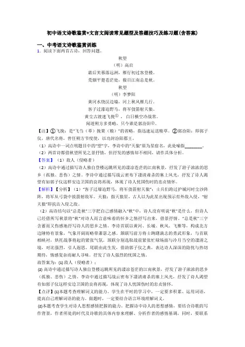 初中语文诗歌鉴赏+文言文阅读常见题型及答题技巧及练习题(含答案)