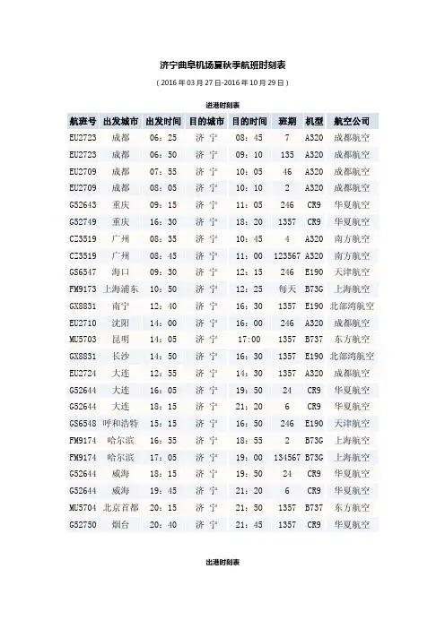 济宁曲阜机场夏秋季航班时刻表