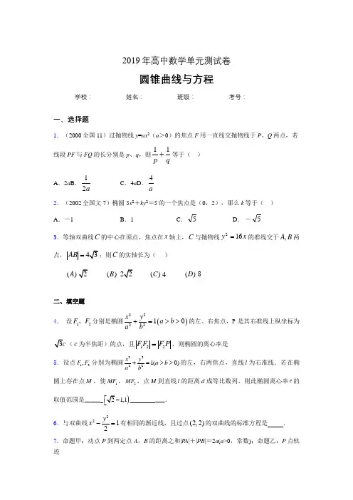 最新精选2020高考数学《圆锥曲线方程》专题训练完整题(含答案)