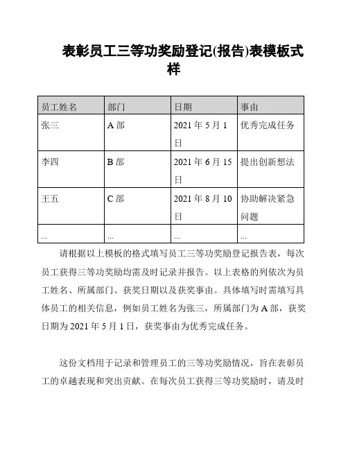 表彰员工三等功奖励登记(报告)表模板式样