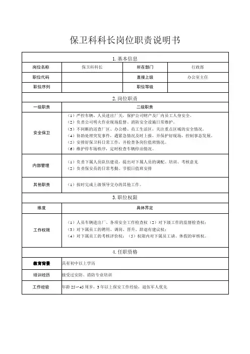 保卫科科长岗位职责说明书