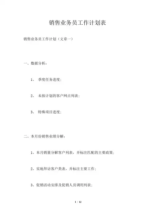 销售业务员工作计划表
