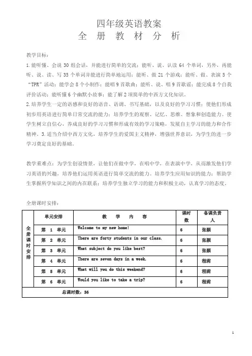 人教新版四年级英语下册全册教案
