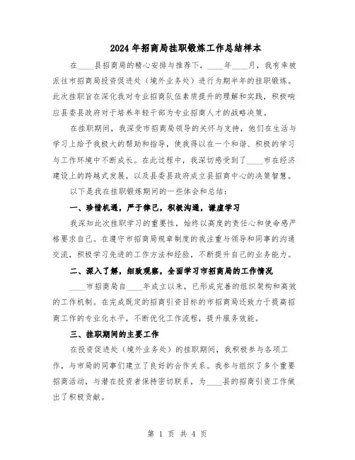 2024年招商局挂职锻炼工作总结样本(二篇)