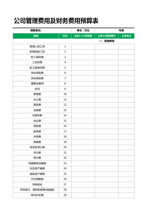 公司管理费用及财务费用预算表(专业完整格式模板)
