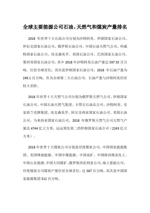 全球主要能源公司石油、天然气和煤炭产量排名