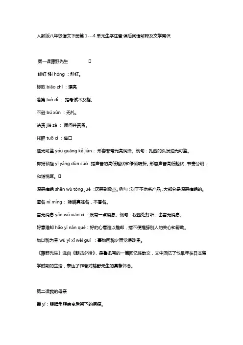 人教出版八学年语文下册语文生字词的拼音.词语解释及文学常识