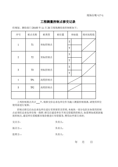 工程测量控制点移交记录
