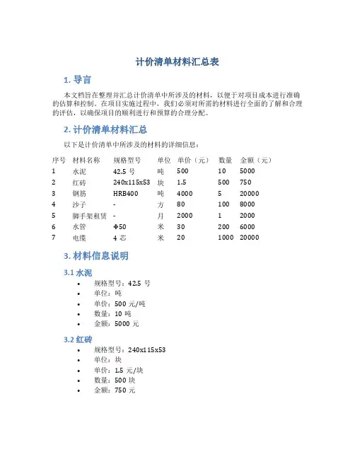计价清单材料汇总表