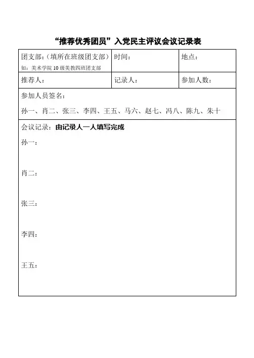 《推荐优秀团员入党民主评议会议记录表》样本
