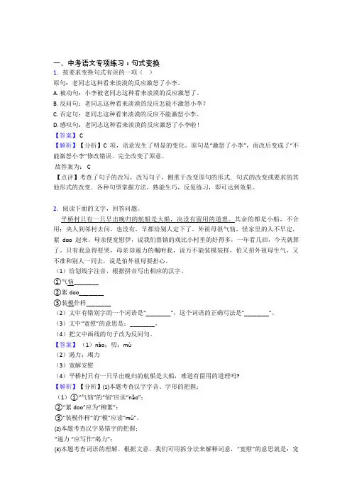 新中考 语文句式变换专项训练及答案
