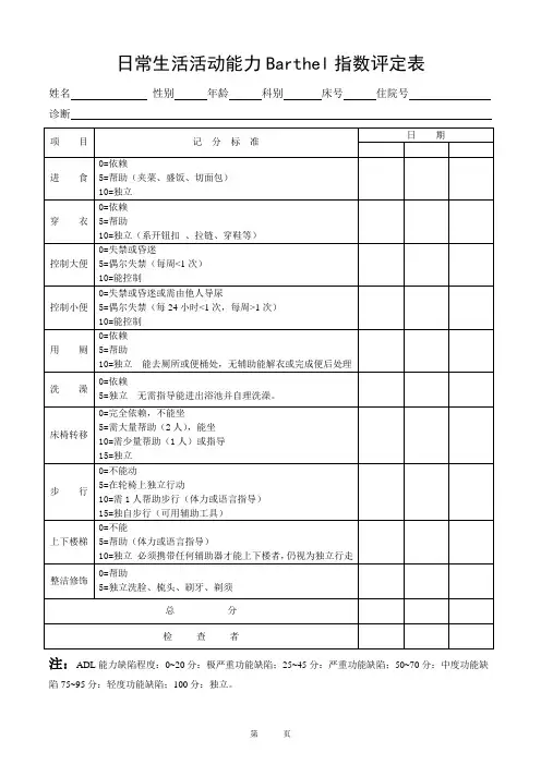 日常生活活动能力Barthel指数评定表